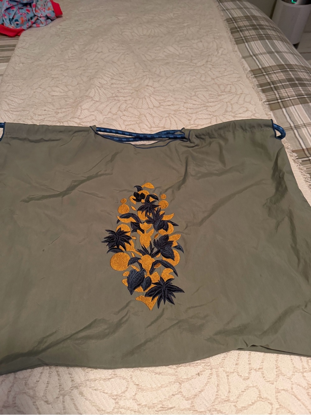 Free People Olive Tote with Navy & Mustard Floral Embroidery